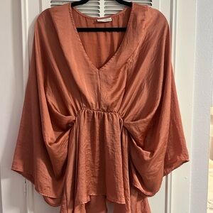 Self Love Unique Coral V-Neck Blouse Kimono Sleeve Satin Flowy Top Shirt Draped